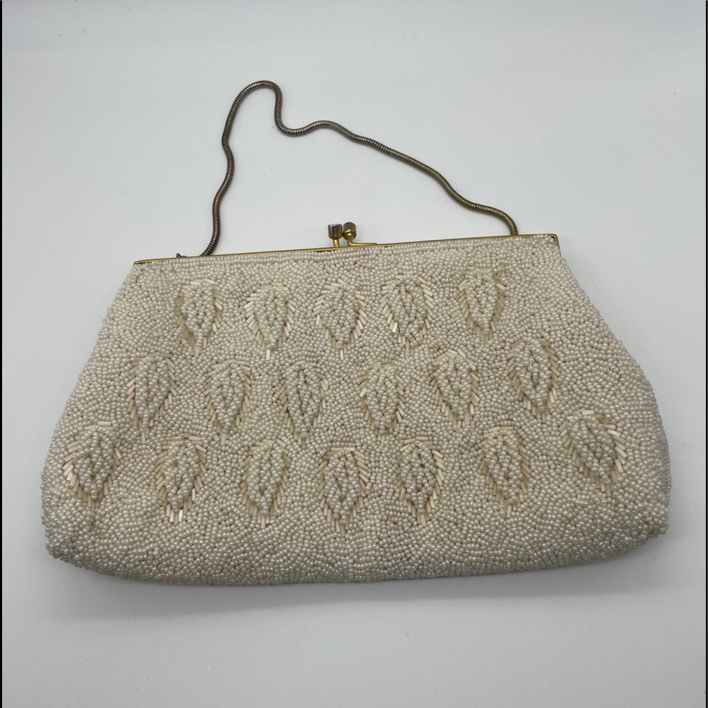 Vintage Cream Beaded Purse Feather Detail Gold Clasp Chain Arm Bag Clutch